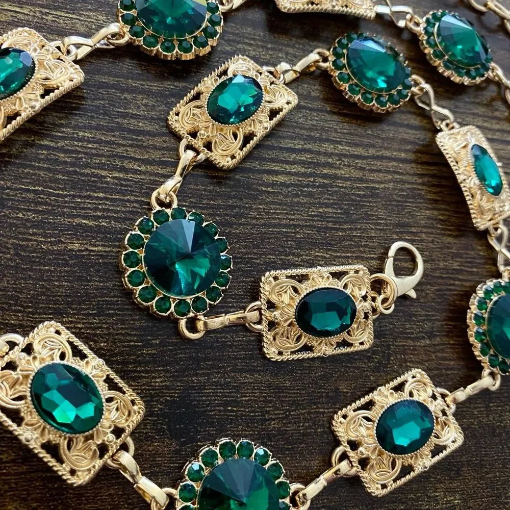 Gold Y2K Emerald Green Jewel Waist Chain Belt, Fits 24.5-51.5 Inches, X7GA1297